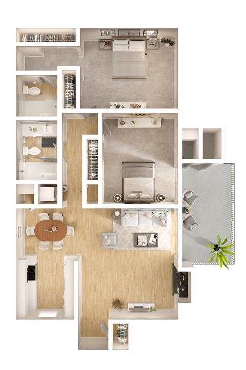 Floor plan for 2 beds, 2 baths, 932 sqft